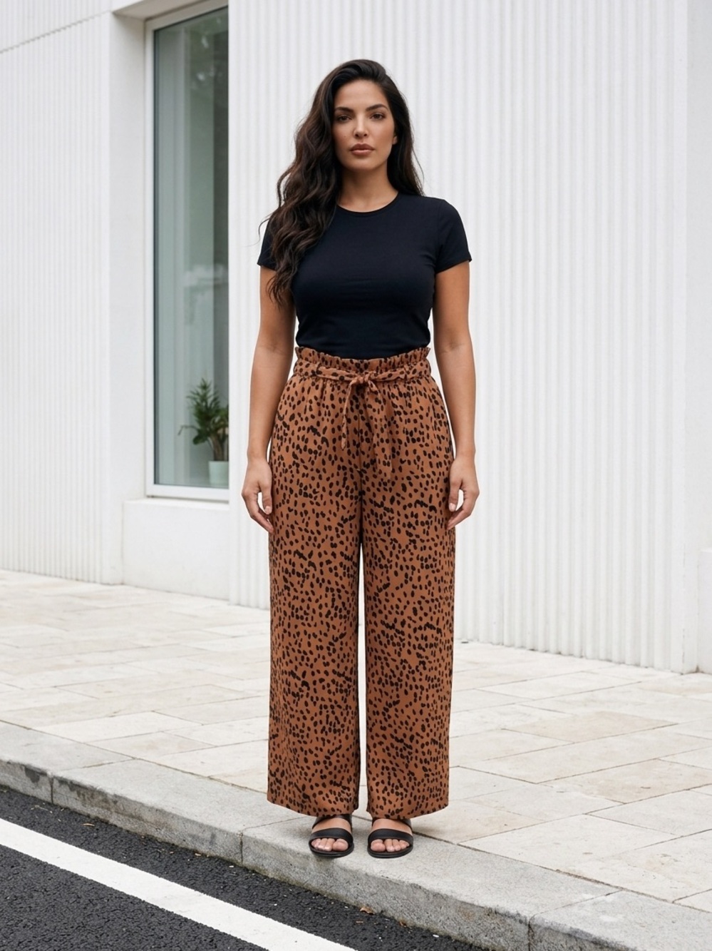 entro Peach and Black Leopard Print Wide Leg Pants